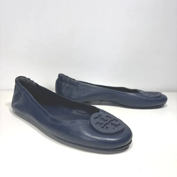 Tory Burch Minnie Reva Travel Leather Ballet Flats Navy Blue Womens Size 9 - Picture 2 of 11